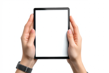 Hands holding a tablet with a blank white screen isolated on white perfect for showcasing app design or user interface