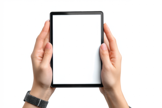 Hands holding a tablet with a blank white screen isolated on white perfect for showcasing app design or user interface