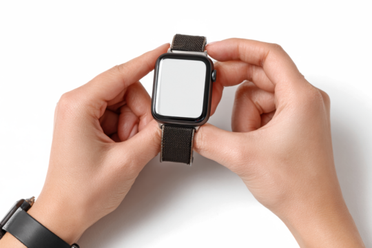 Hands holding a smartwatch with a blank screen demonstrating app interaction isolated on white