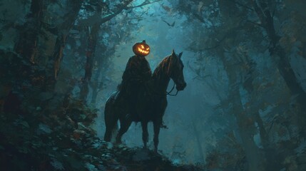 Obraz premium Eerie Headless Horseman in Dark Forest with Glowing Pumpkin.