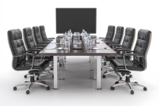 Conference room with a long table leather chairs and a blank screen ideal for business meetings and presentations