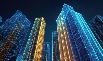 Futuristic Cityscape with Glowing Skyscrapers at Night.