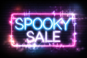 Spooky sale neon sign glowing text effect for Halloween promotion dark brick wall background