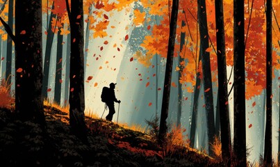 Silhouette of a hiker in an autumn forest with falling leaves.