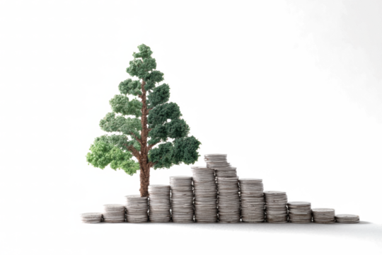 Tree growing on a stack of coins representing financial growth and investment isolated on white