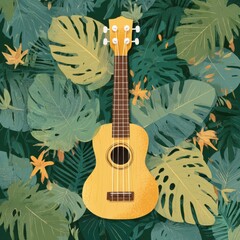 Ukulele Amidst Tropical Foliage - A Harmonious Blend of Music and Nature.
