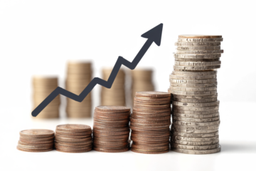 Stacks of coins with an upward arrow representing financial growth and investment suitable for business presentations and reports