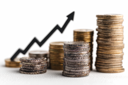 Stacks of coins showing growth with an upward arrow financial success and investment concept isolated on white