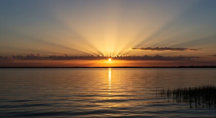 Dramatic sunset over calm water with sun rays and reflective surface