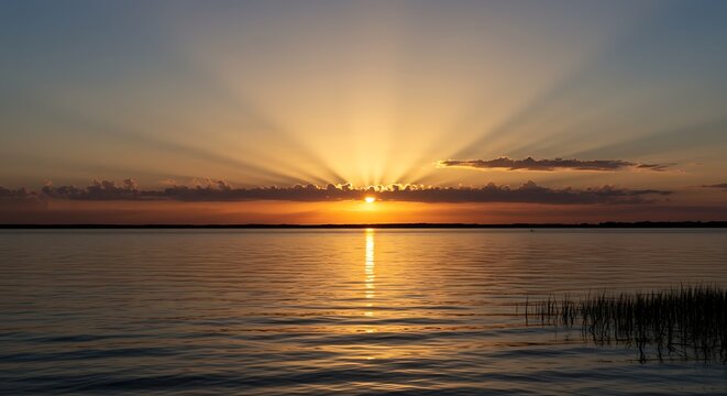 Dramatic sunset over calm water with sun rays and reflective surface