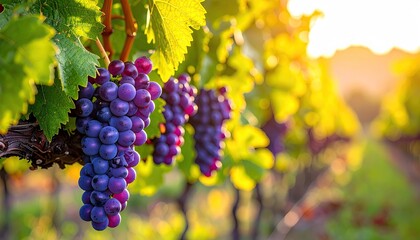 Ripe Grapes Hang on Vine in Vineyard Row, Sunlit Background. Food, Tourism, Wine