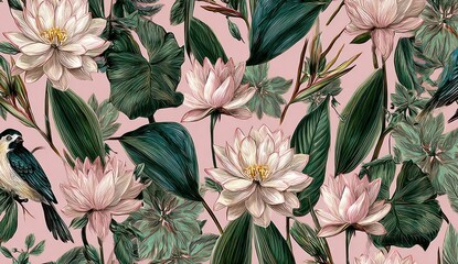 A delicate floral and fauna print, featuring detailed depictions of blossoms, leaves, and birds, creates a serene and picturesque design on a soft pink background.