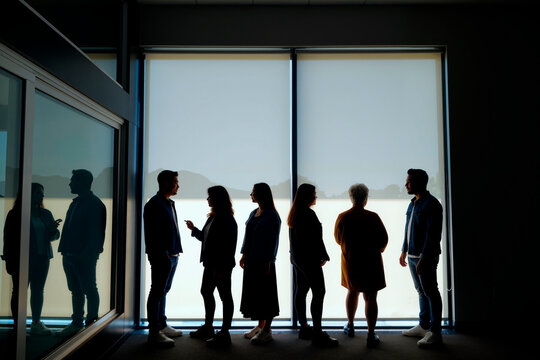 Group of five people including two Caucasian men, two Caucasian women, and one senior Caucasian woman standing and talking in front of large window with bright outdoor light