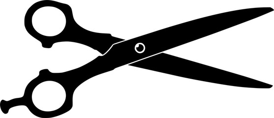 A simple black line art silhouette of scissors open and crossed isolated on white background
