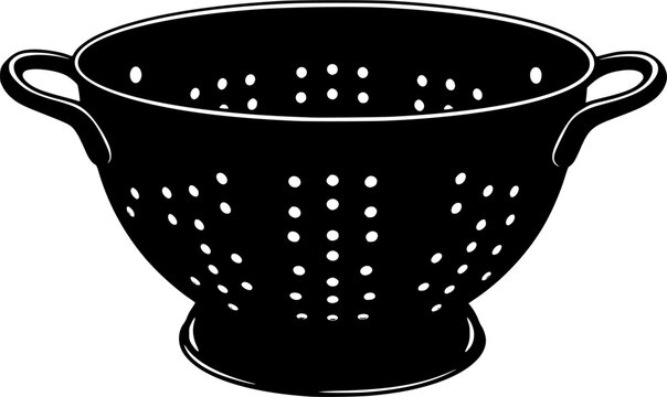 Black silhouette of a kitchen colander with many small holes and two handles isolated on white background
