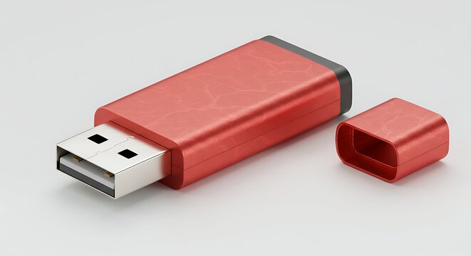 Red usb flash drive with cap isolated on white surface