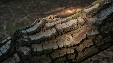 Close-up of a rough, textured tree branch with peeling bark, showing layers of grey, white, and brown, with moss and dappled light