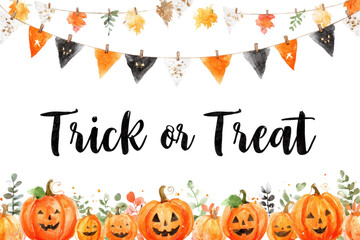 Watercolor Halloween illustration with pumpkins leaves and bunting flags perfect for holiday cards and festive designs