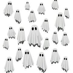 A collection of 21 cartoon ghosts white sheets with black eye holes floating against a plain white background