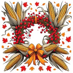 autumn corn wreath with leaves and ribbon illustration