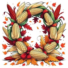 autumn corn wreath with leaves and ribbon illustration