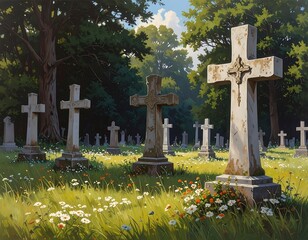 Serene Cemetery Scene: Crosses, Lush Foliage, and Wildflowers Under the Sun