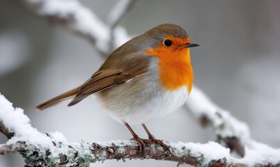 Robin perched on a snow-covered branch in winter.