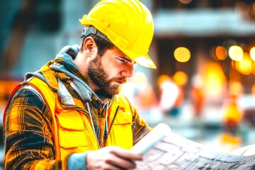 Construction Worker Analyzing Blueprints at Building Site