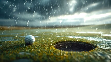 Golf Ball Near Hole Under Rainy Sky on a Golf Course Landscape