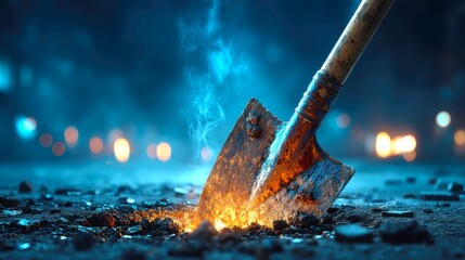 Rusty Shovel in Ground Producing Sparks with Smoke at Night Scene