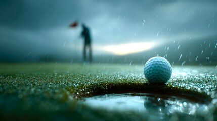 Golf Ball Ready to Sink in Rainy Conditions on the Course