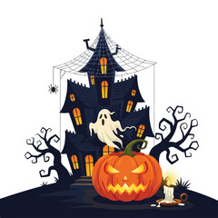 A haunted house a ghost a pumpkin bare trees and a spider