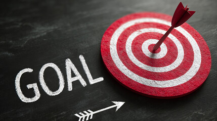 Red dart hitting bullseye on target next to goal text on blackboard.