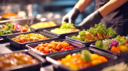 Obraz premium Freshly Prepared Healthy Meals Arranged on Black Trays for Service