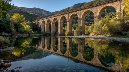 Fototapeta premium Stone arch bridge reflecting in calm river