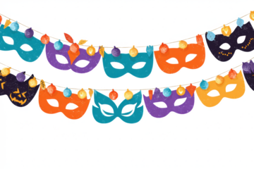 Two rows of colorful Halloween-themed masquerade masks and string lights on a white background.