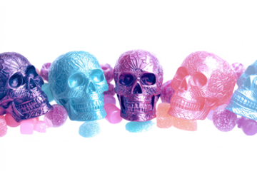 A row of vibrant, decorative skulls in purple, blue, and pink, adorned with intricate patterns and surrounded by small, colorful translucent objects on a white background.