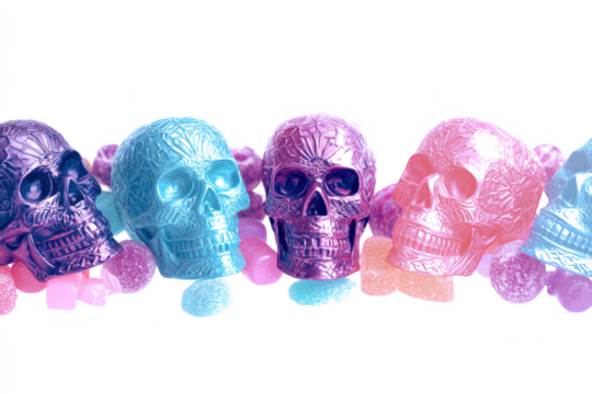A row of vibrant, decorative skulls in purple, blue, and pink, adorned with intricate patterns and surrounded by small, colorful translucent objects on a white background.