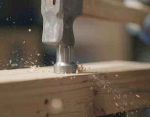 Close-up of a hammer striking a wooden board