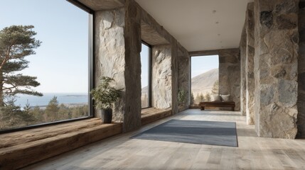 Obraz premium Rustic room interior with mountain view through large windows in natural light