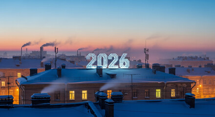 Welcome 2026 with a skyline bathed in winter's first light, symbolizing a bright future and urban renewal, perfect for new year campaigns