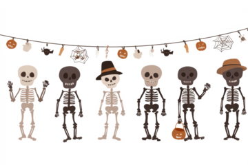 A group of six cute cartoon skeletons celebrating Halloween under a festive garland with pumpkins and spiders.