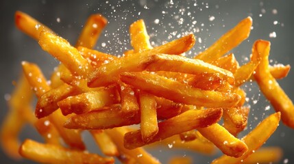 Golden Crispy French Fries Falling Against Dark Background