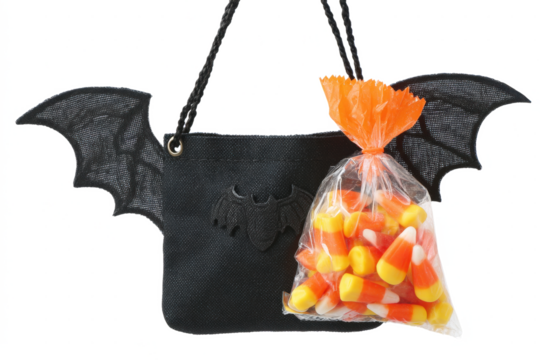 Halloween bat bag filled with candy corn, ready for trick-or-treating.