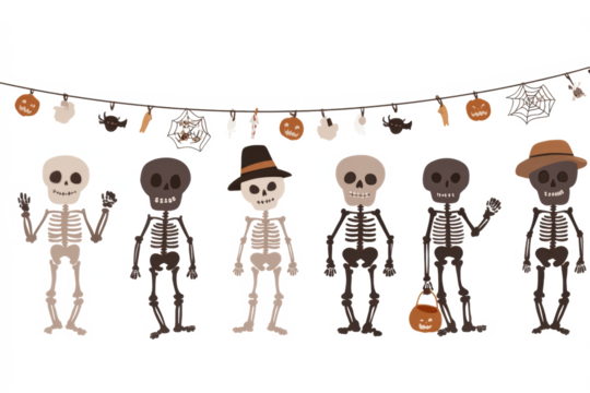 A group of six cute cartoon skeletons celebrating Halloween under a festive garland with pumpkins and spiders.