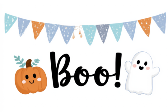 A cute Halloween graphic featuring a pumpkin, the word "Boo!", and a friendly ghost, all adorned with a festive banner.
