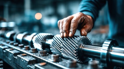 Close-Up of Hand Operating Gears in Industrial Workshop Environment