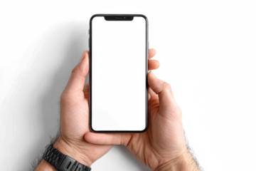 Hands holding a smartphone with a blank white screen on a white background.