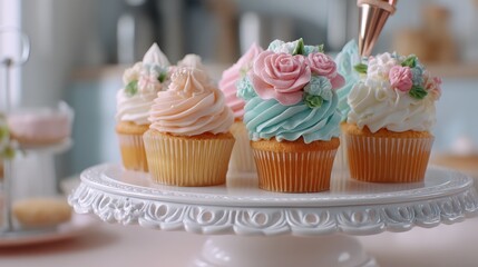 Beautifully Decorated Cupcakes with Floral Frosting and Colors