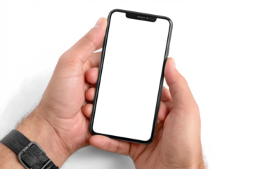 Hands holding a modern smartphone with a blank white screen isolated on white background for app presentation and UI design